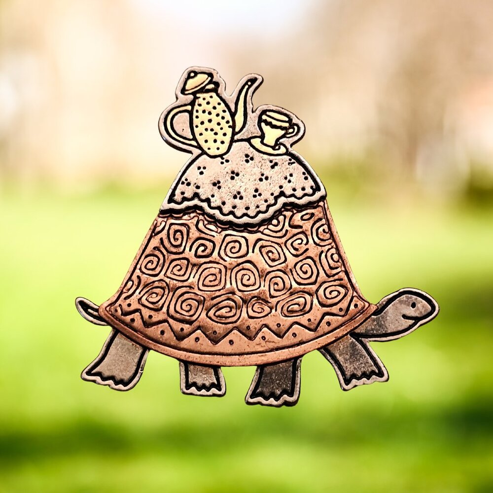 Whimsical Copper-Toned Turtle Brooch, Tea Time Teapot & Cup Mixed Metal Artisan